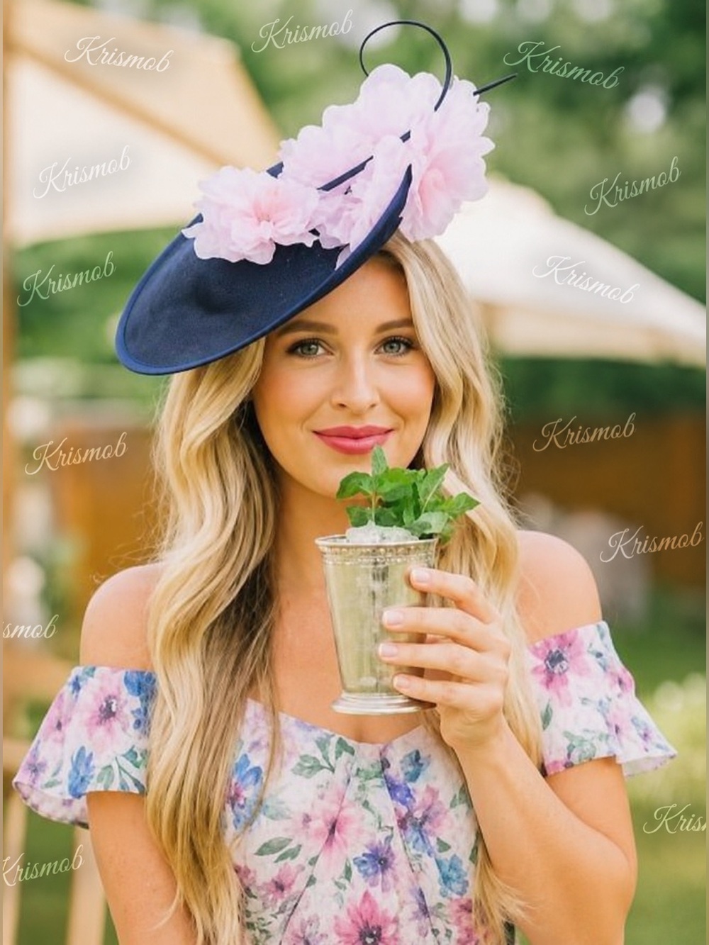 New Kentucky Derby Hat Fascinator Navy Pink Floral Accents Tea Garden Party
